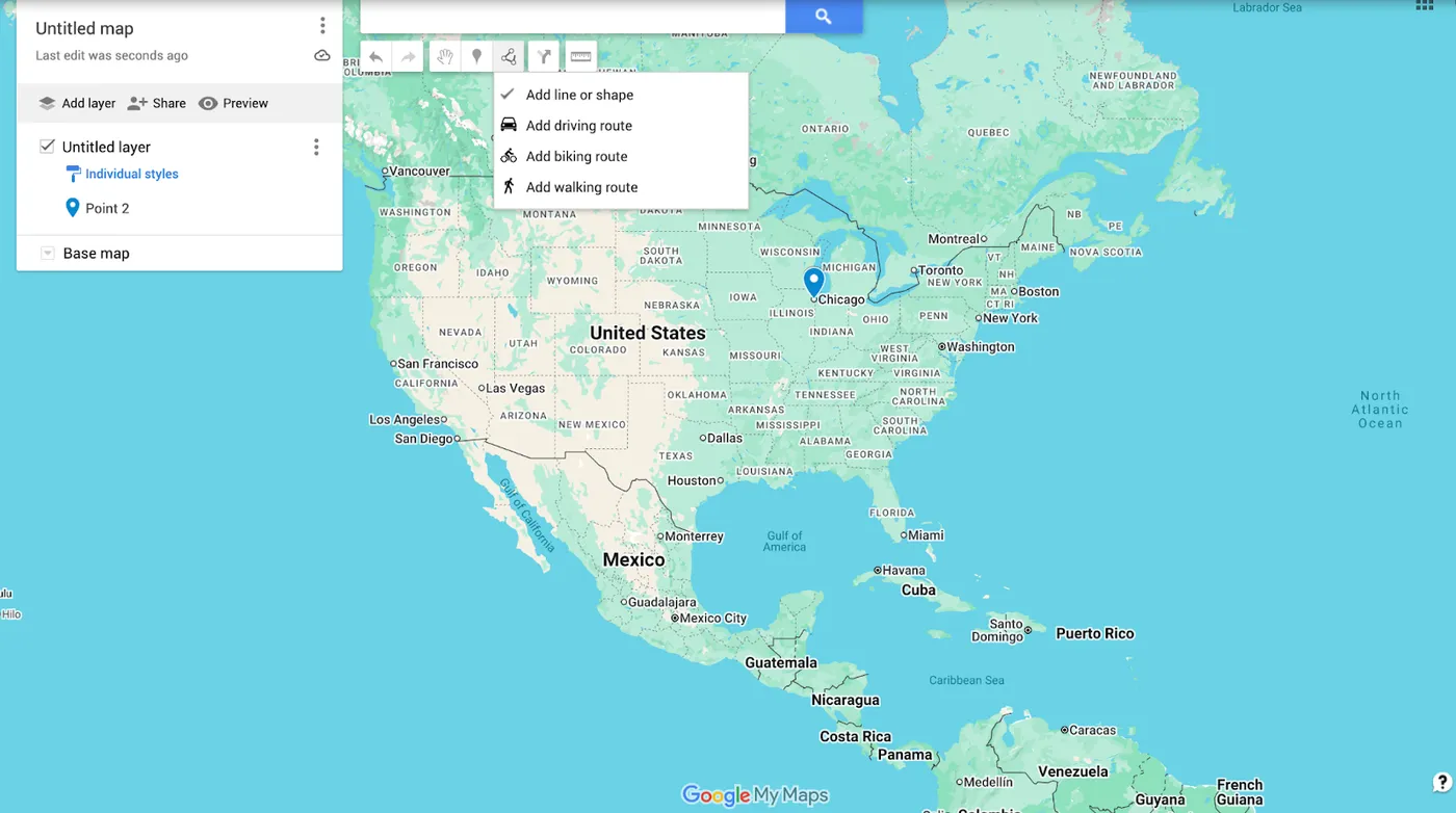A screenshot of the Google Maps “Draw a line” function, with options to: Add line or shape, Add driving route, Add biking route, and Add walking route.