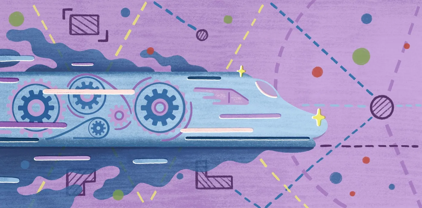 An illustration of a speeding train with gears inside, crossing a purple background of dashed lines and dots