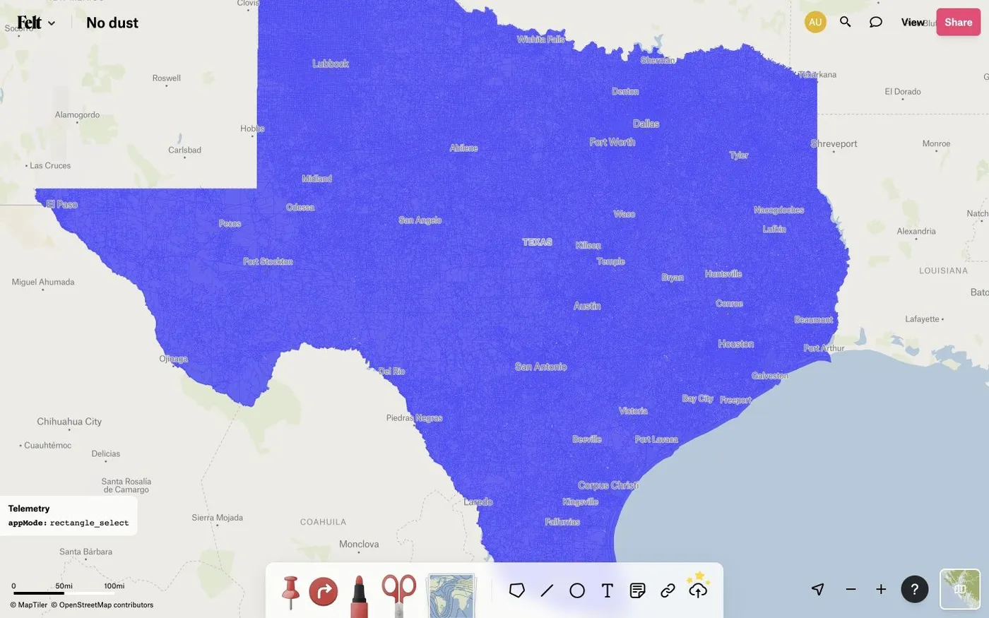 The same Texas census block map with polygon dust disabled, showing far fewer gaps