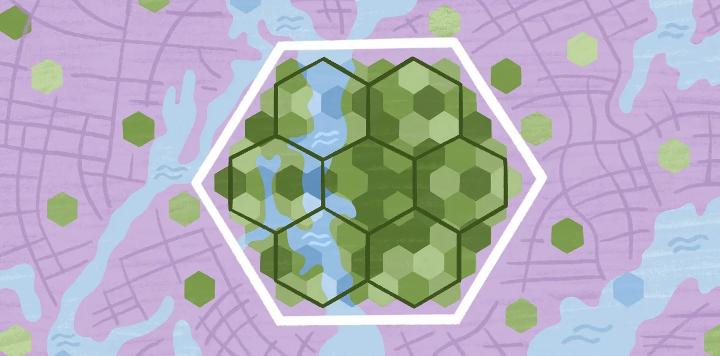 An illustration of a large hexagon over a city map, subdivided into smaller green hexagons