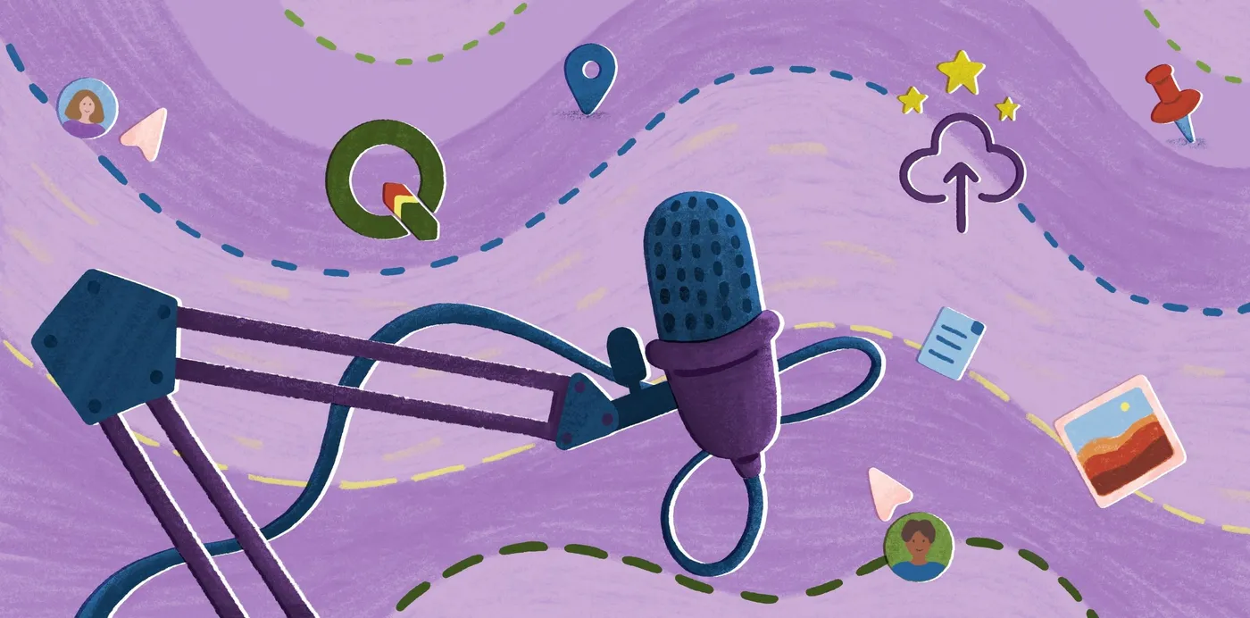 An illustration of a podcast microphone on a boom arm beside a QGIS logo, an upload cloud, map pins and file icons