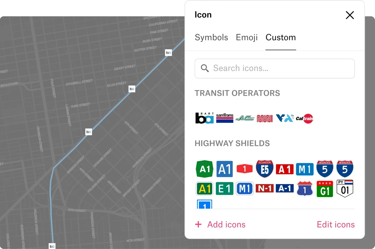 The custom icon picker with transit operator logos and highway shields, beside a transit line marked with its operator’s logo