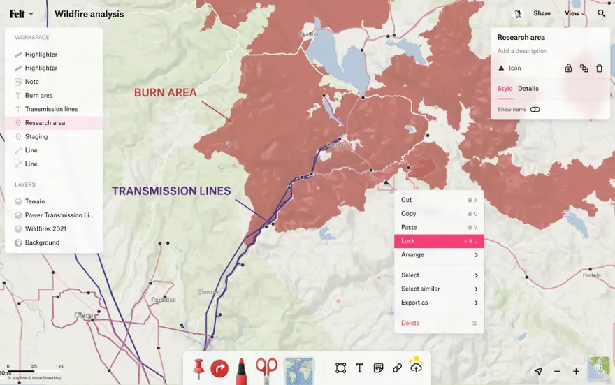 A screenshot of a Felt wildfire analysis map with a right click menu open over burn areas and transmission lines