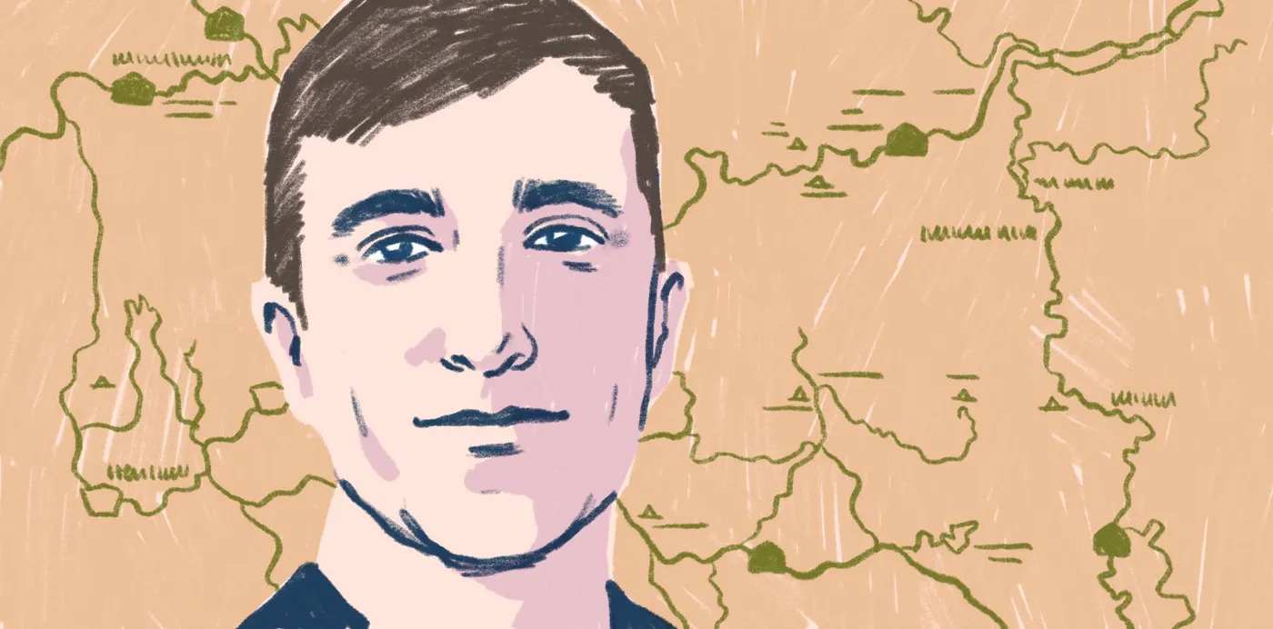 An illustrated portrait of cartographer Nate Irwin in front of a hand-drawn map of green rivers, roads and landmarks