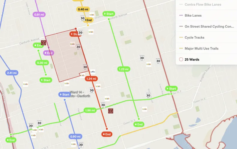 A Felt map of Toronto's Danforth area showing bike lanes, proposed routes with distances and speed limit markers