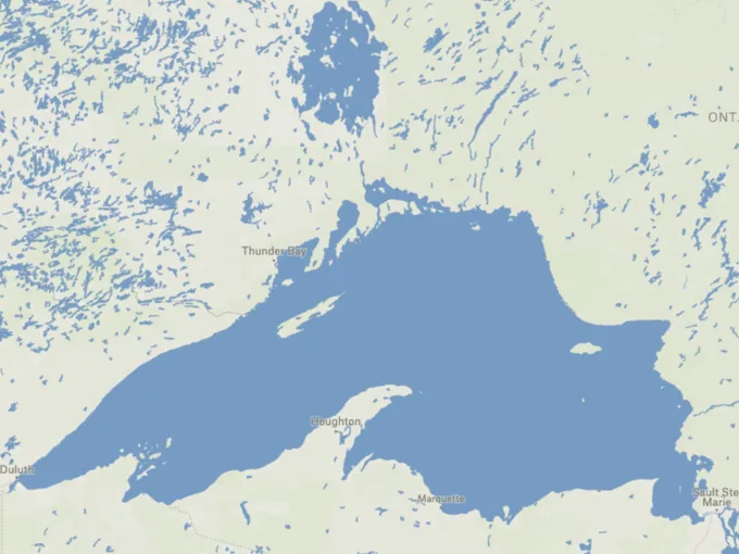A Felt map of Lake Superior and the many surrounding lakes drawn as blue shoreline polygons