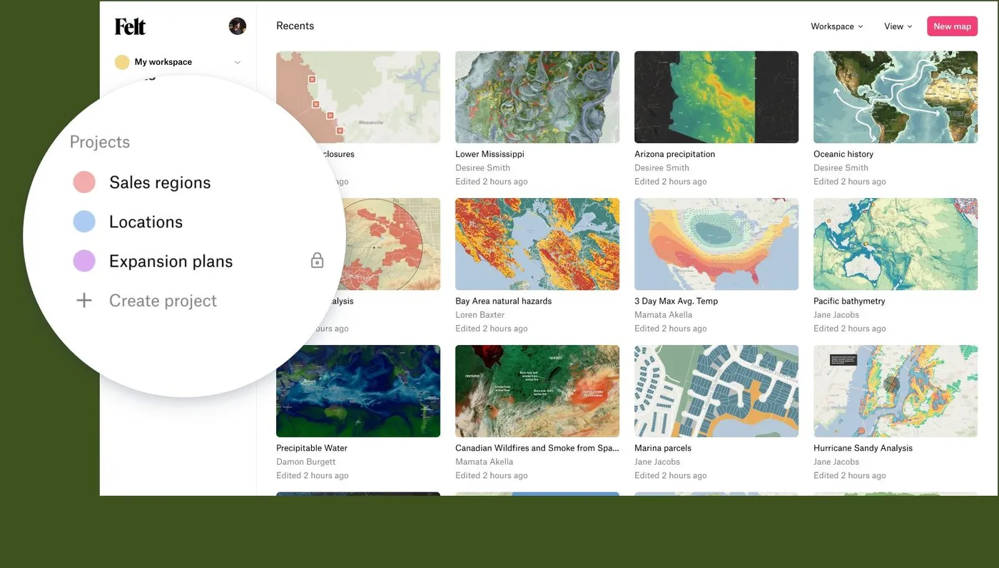 A screenshot of the Felt dashboard with the Projects list enlarged, showing Sales regions, Locations and a locked Expansion plans project