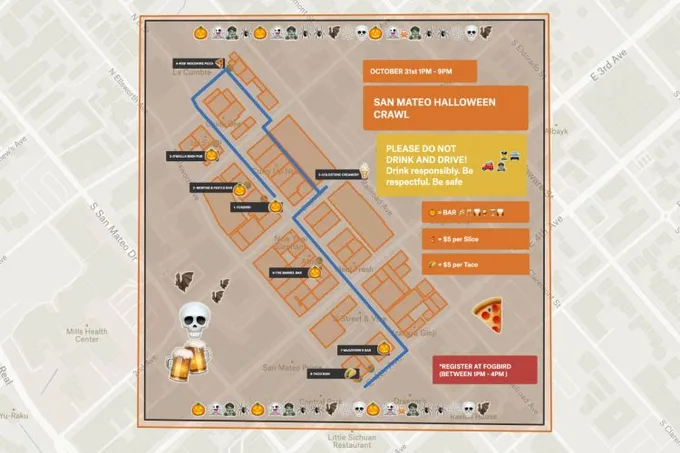 A Felt map of a San Mateo Halloween bar crawl route in blue, with numbered stops, emoji and event notes