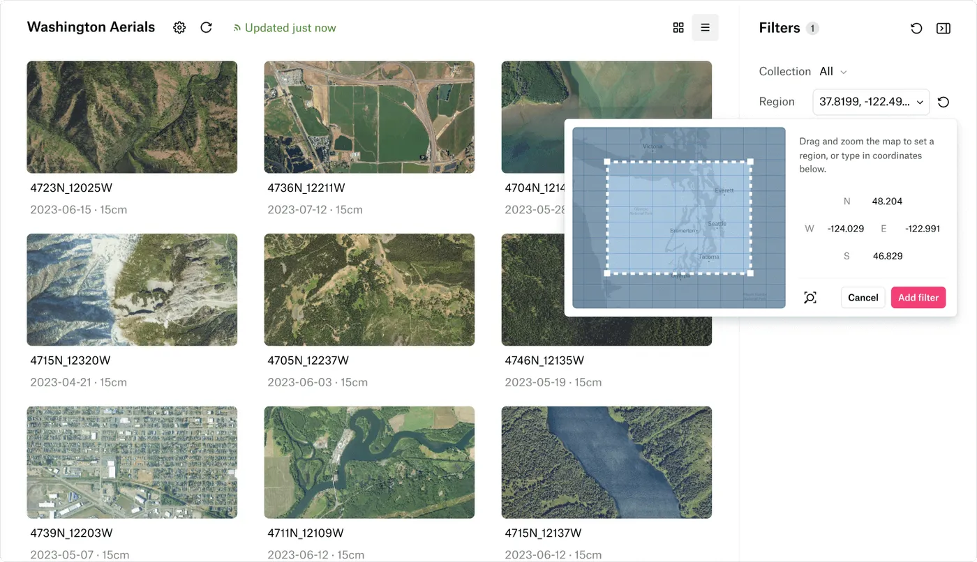 A STAC collection of Washington aerial images in Felt, filtered by a region drawn on a map