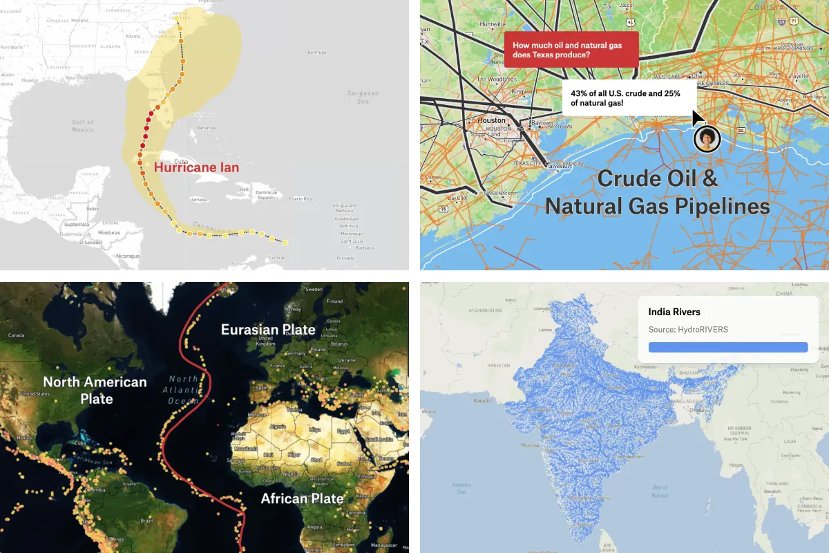Four classroom-ready Felt maps: Hurricane Ian’s track, Texas crude oil and gas pipelines, tectonic plate boundaries, and the rivers of India.