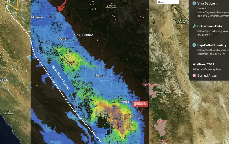 A Felt map of California's Central Valley showing land subsidence from blue to red over satellite imagery