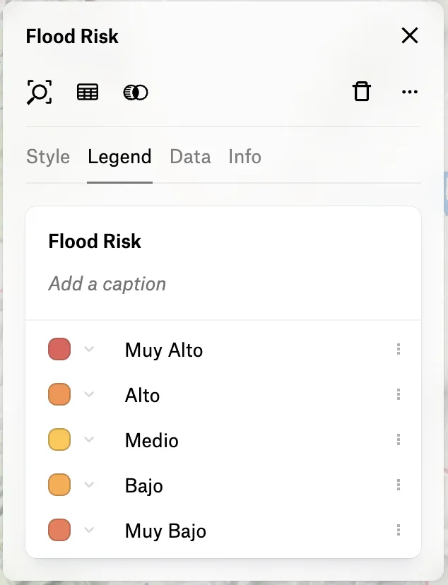 The Flood Risk legend tab with categories reordered from Muy Alto to Muy Bajo