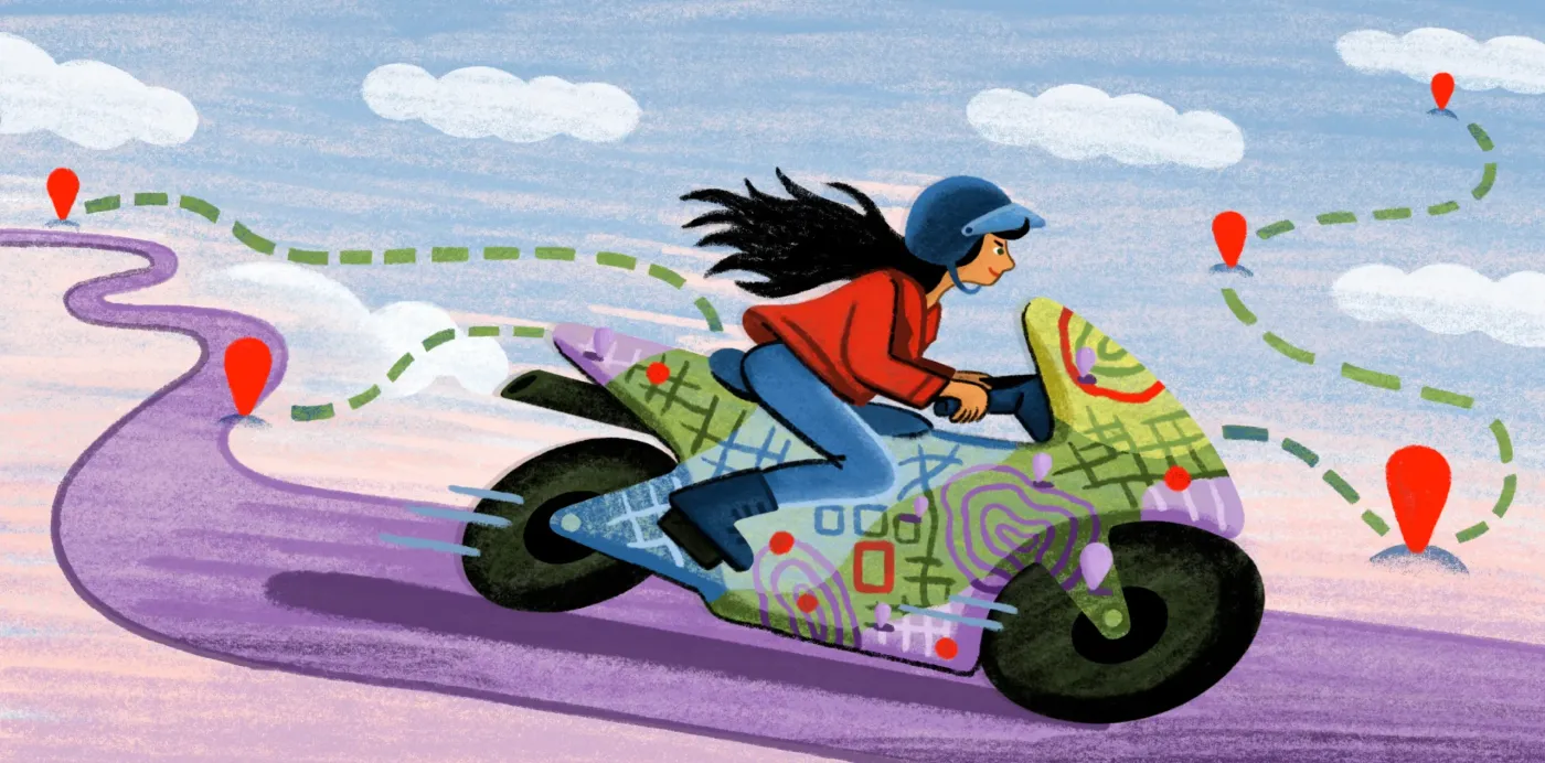 An illustration of a woman riding a motorcycle covered in map patterns along a winding road dotted with location pins