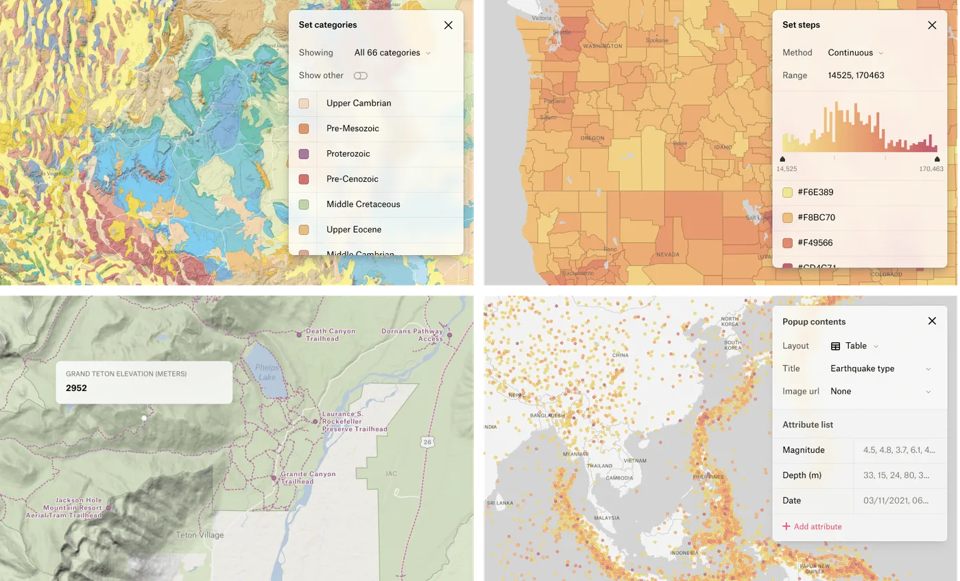 Four Felt screenshots: category legend settings, a histogram for classification steps, a raster elevation popup and an earthquake popup editor
