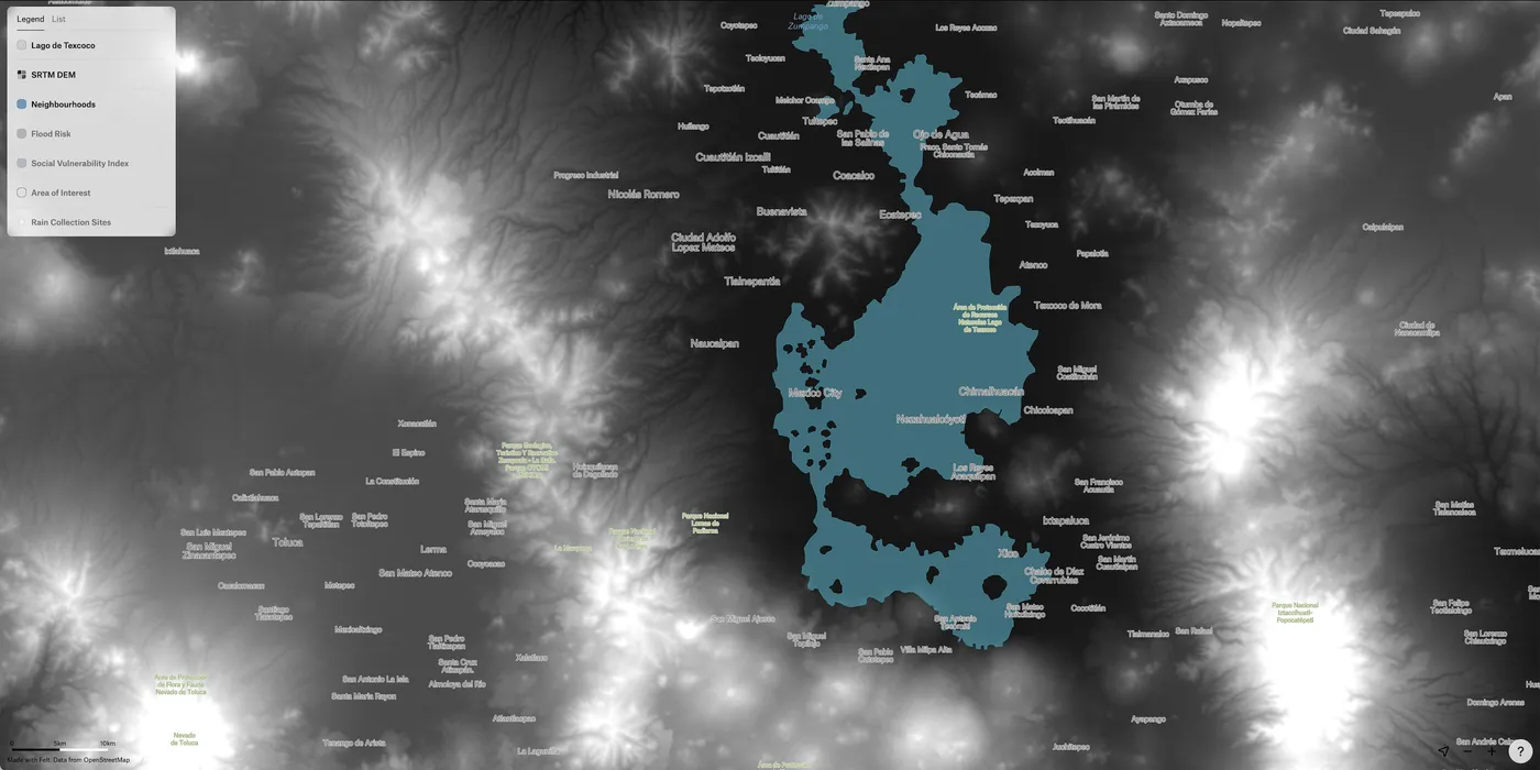 A Felt map of the SRTM elevation model around Mexico City in grayscale, with the old lake bed in blue