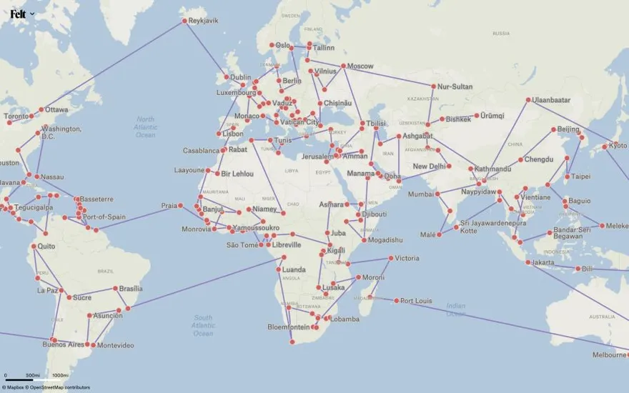 A Felt map of world capitals joined by a single line visiting them in Hilbert curve order