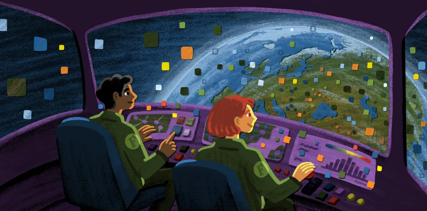 An illustration of two pilots in a spacecraft cockpit looking out at Earth, with colored data squares floating over it