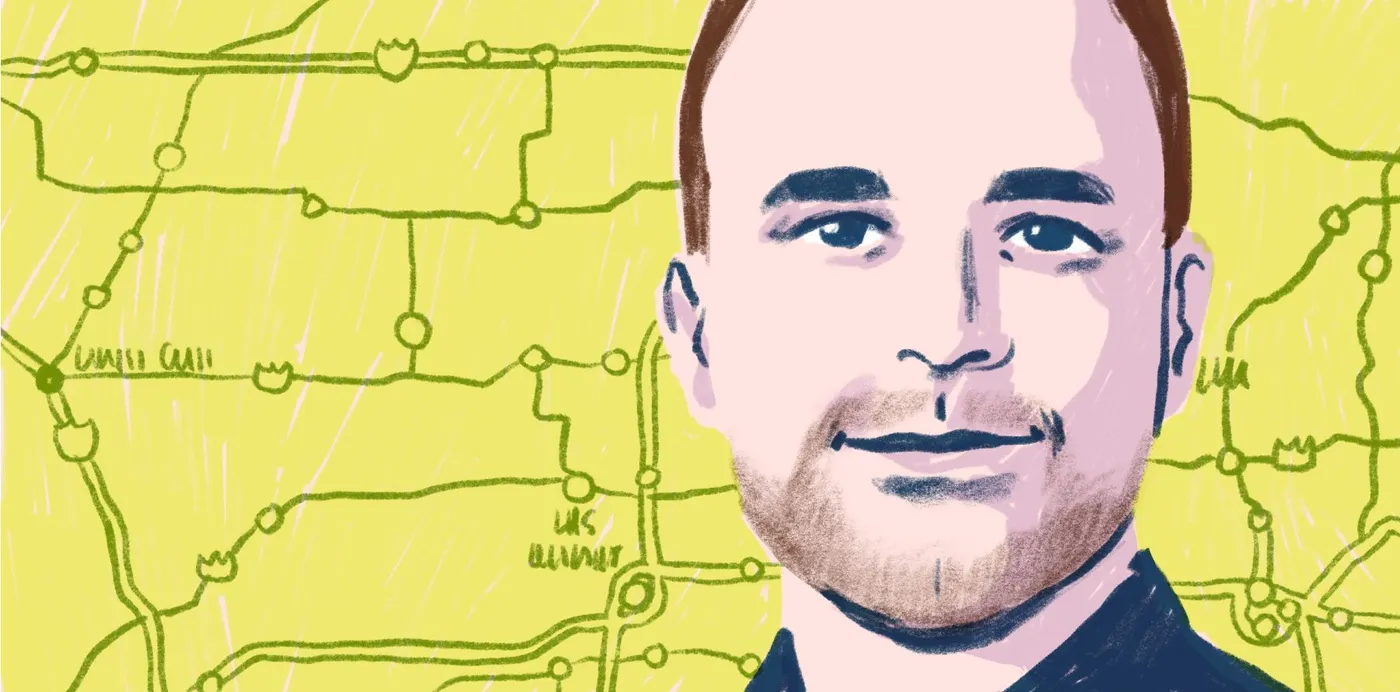 An illustrated portrait of cartographer Tim Wallace in front of a hand-drawn yellow highway map
