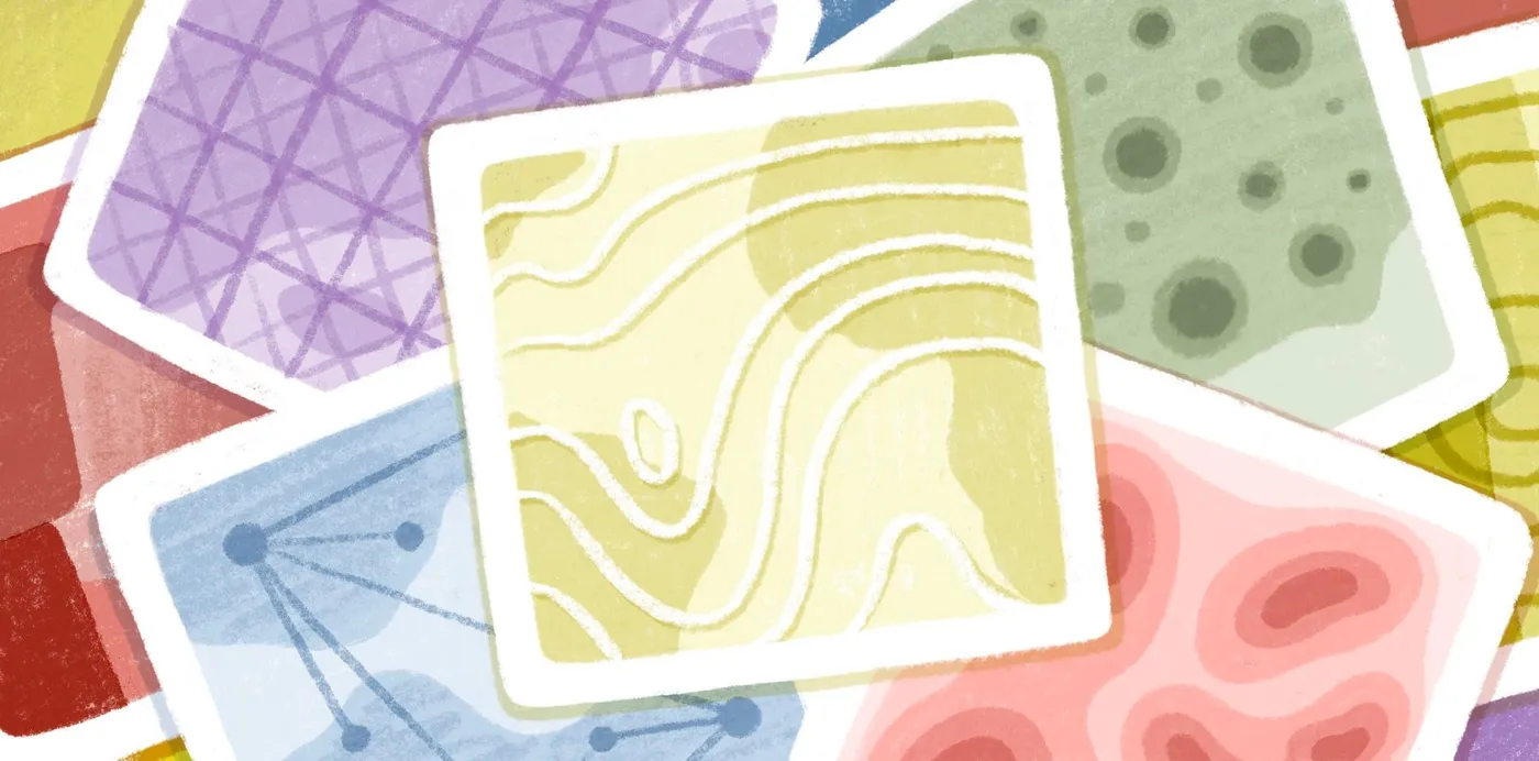An illustration of overlapping colored map cards showing contour lines, a grid, networks, points and heat zones