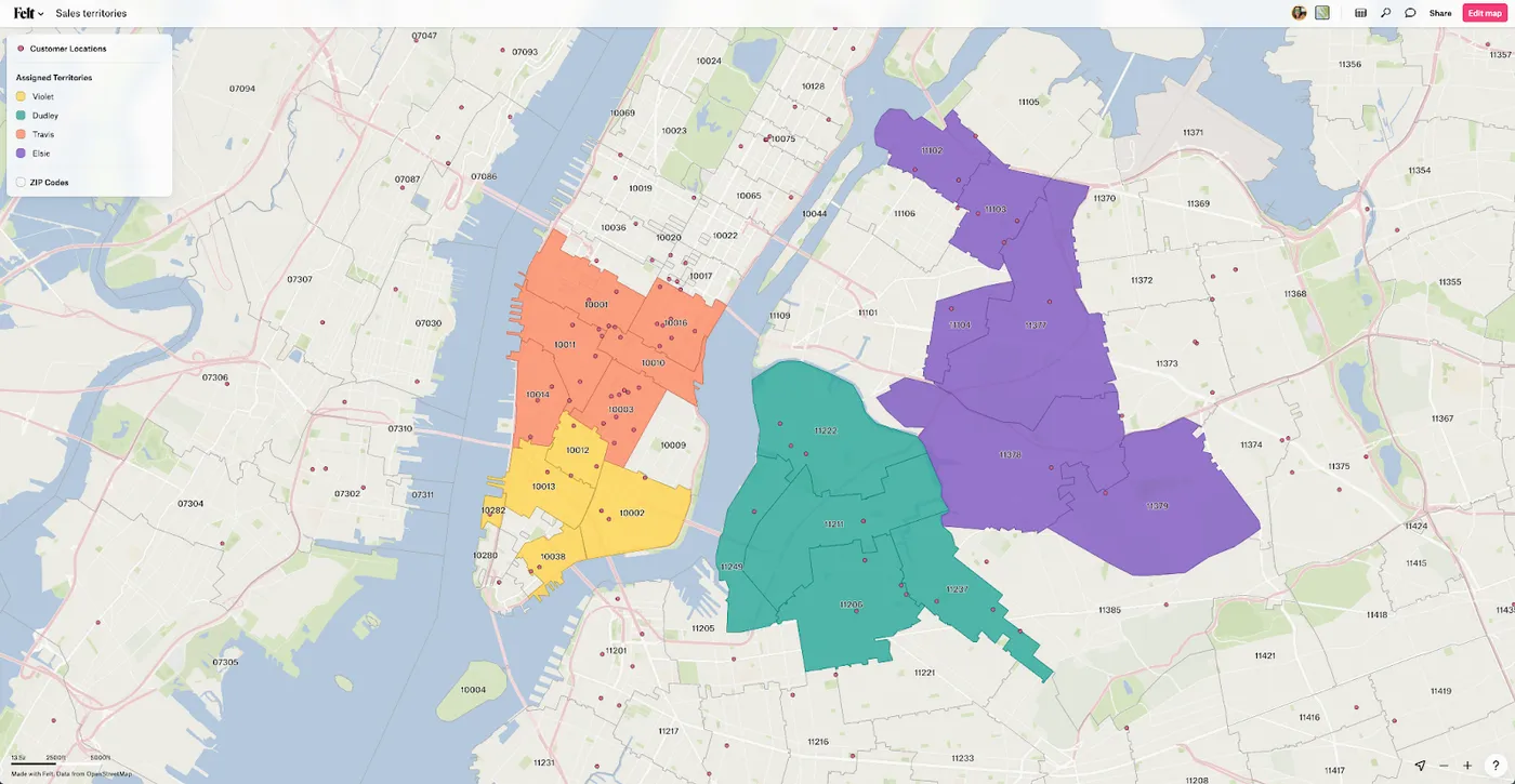 A screenshot showing customer locations based on assigned sales territories for various reps.
