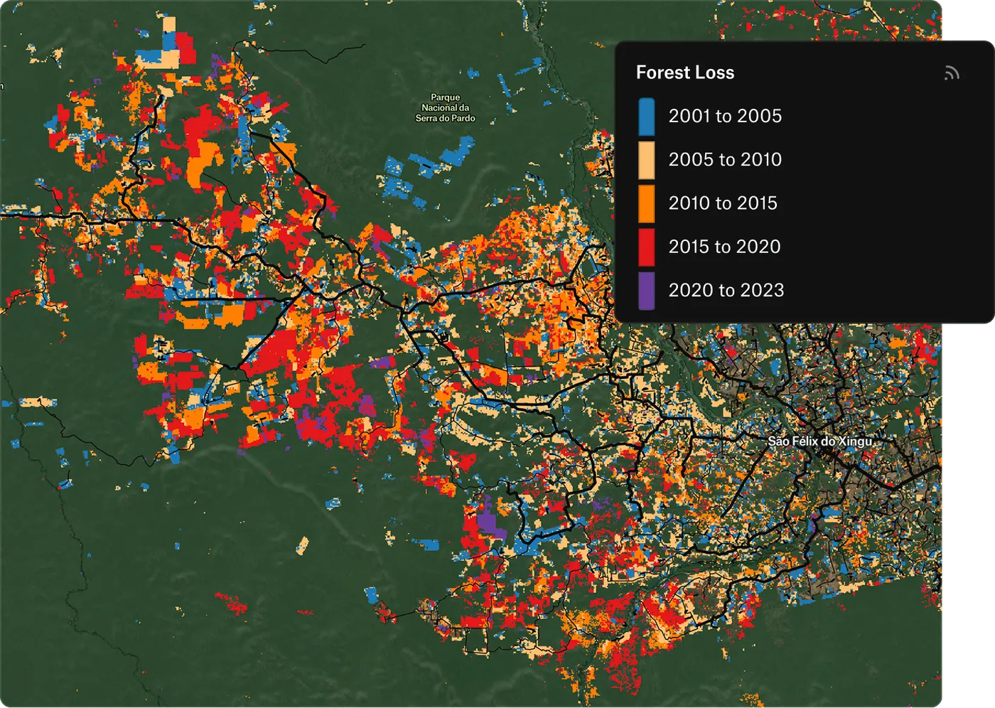 A Cloud Optimized GeoTIFF of Amazon forest loss streamed into Felt, colored by period from 2001 to 2023