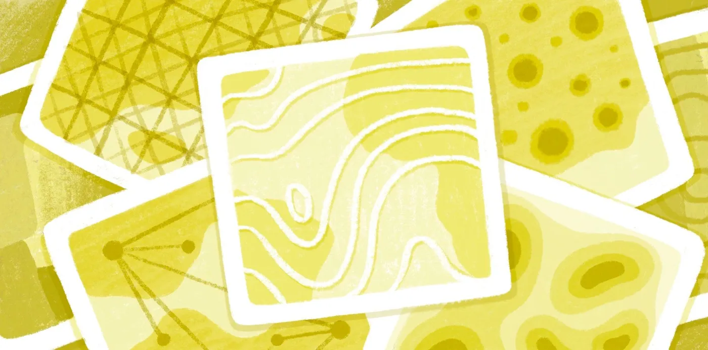An illustration of overlapping yellow map cards showing contour lines, a grid, networks, points and density zones