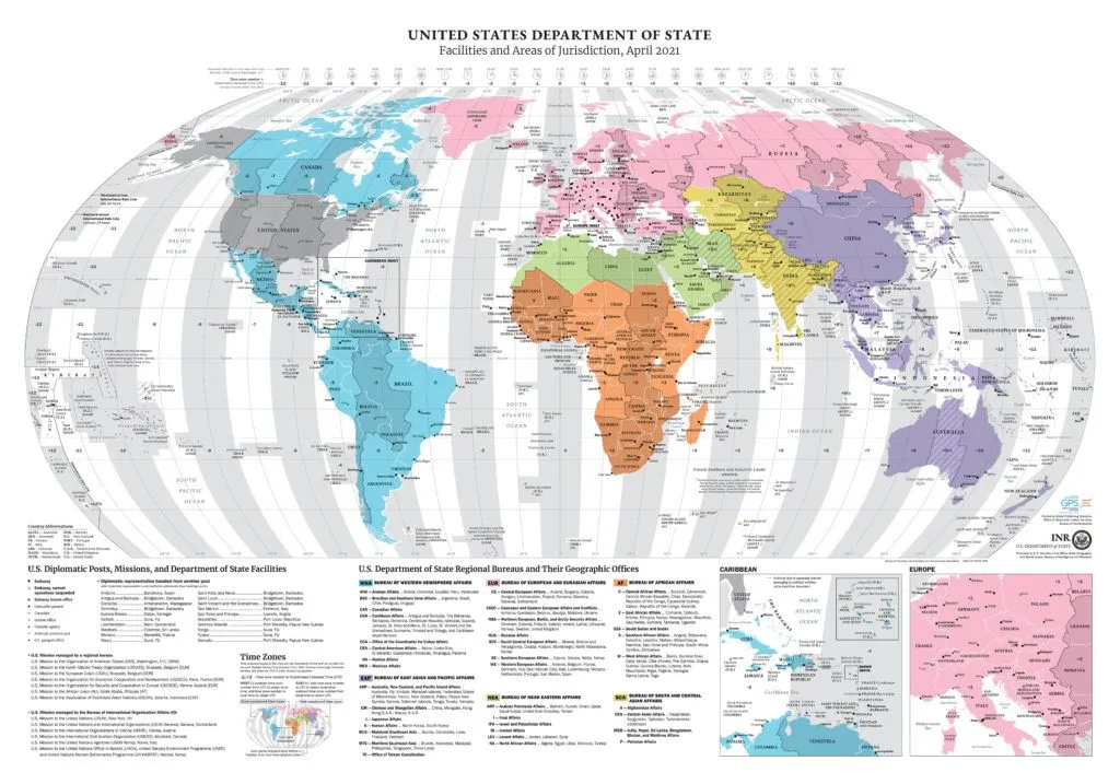 A State Department world map with countries colored by regional bureau and markers for diplomatic posts