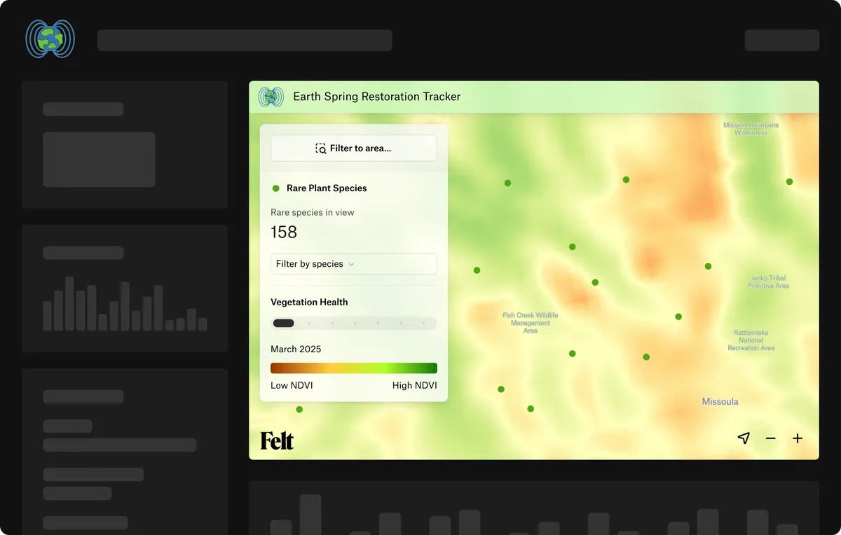 A Felt map embedded in a restoration tracker web page, with an area filter, a species count, and an NDVI legend