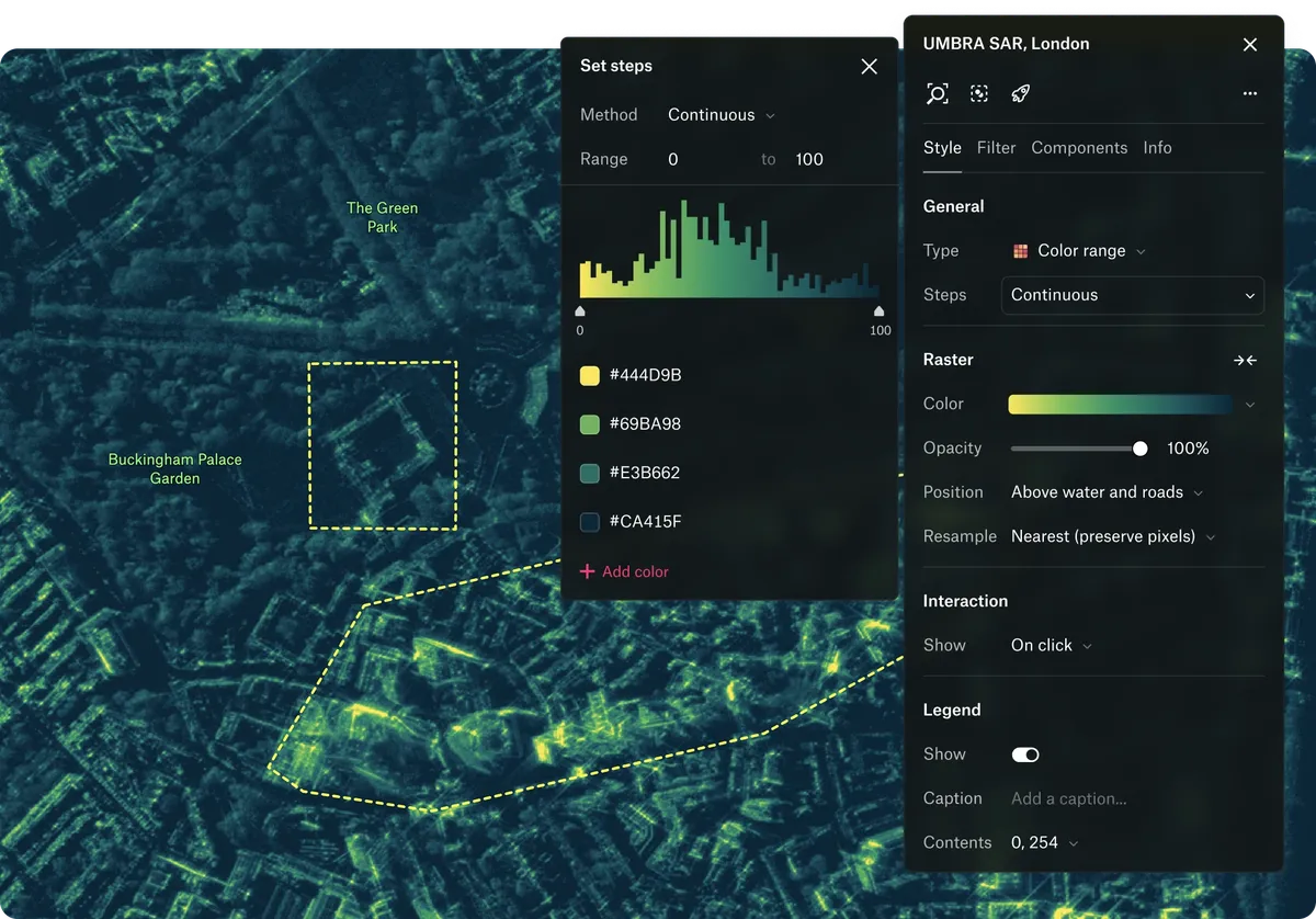 A SAR image of central London in Felt, styled with a continuous color range in the raster style panel