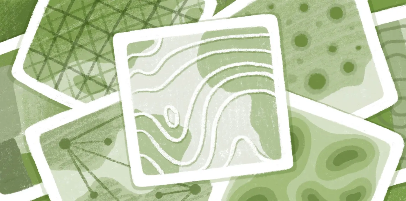 An illustration of overlapping green map tiles showing contour lines, a grid, point clusters and a network
