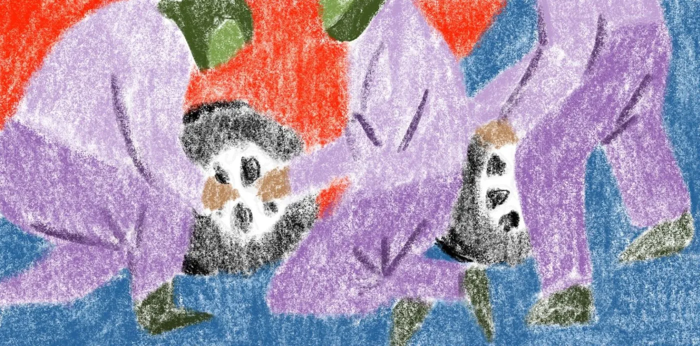 An abstract crayon drawing of two figures in purple clothing bending over against red and blue shapes