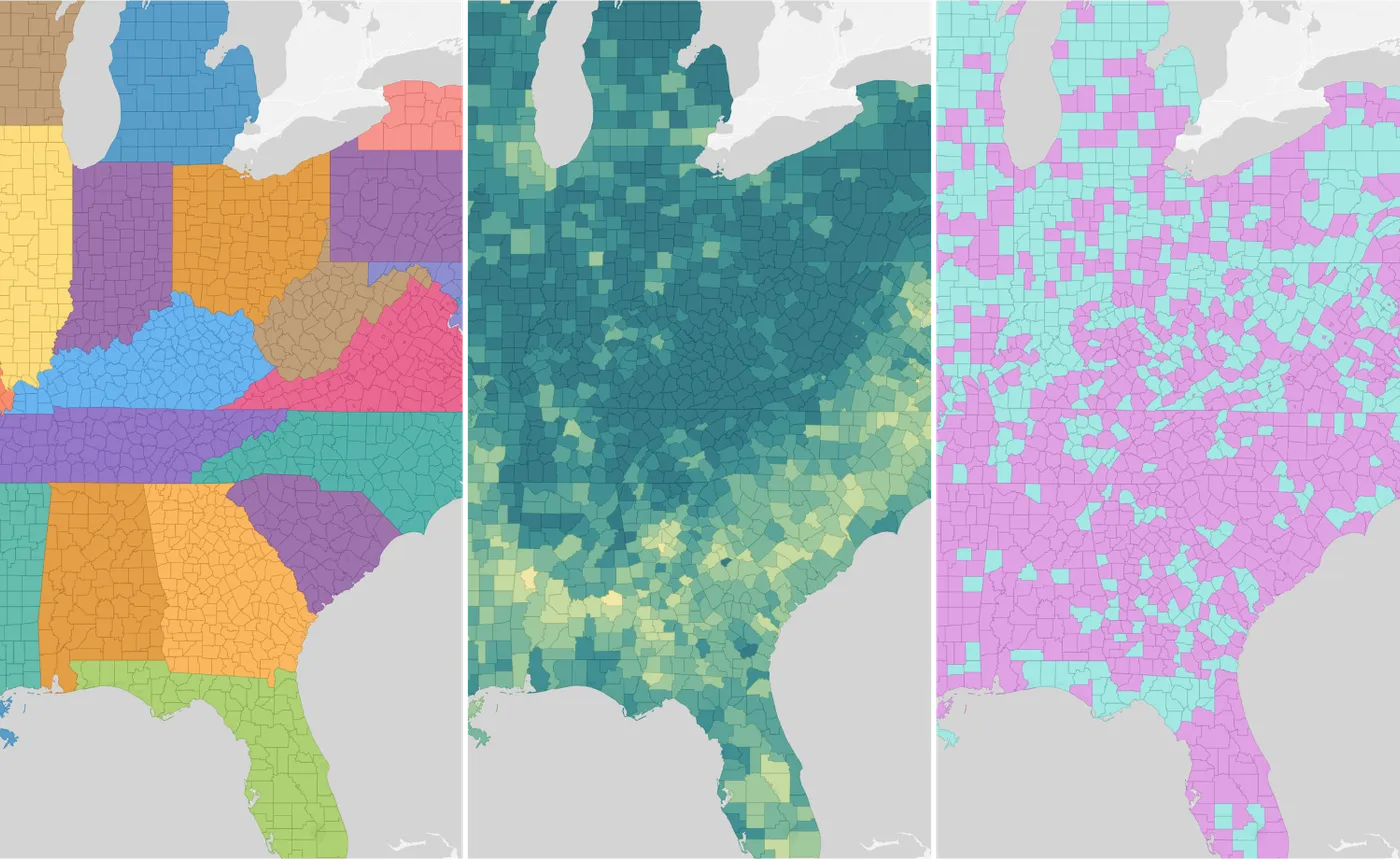 Three maps of US counties in the eastern states: colored by state, shaded on a continuous teal scale, and in two contrasting categories