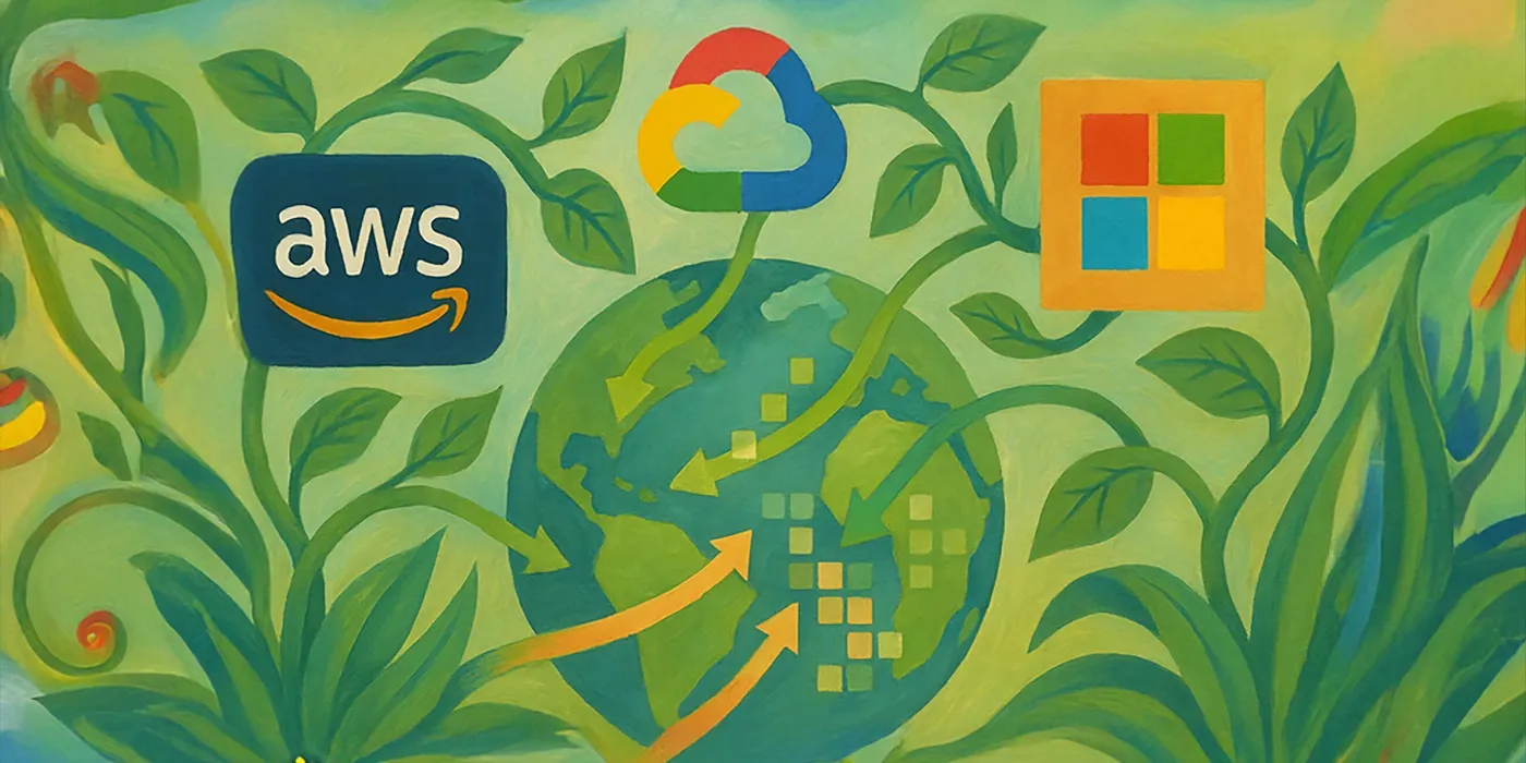 An illustration of the AWS, Google Cloud and Microsoft logos with arrows of pixel data flowing into a globe