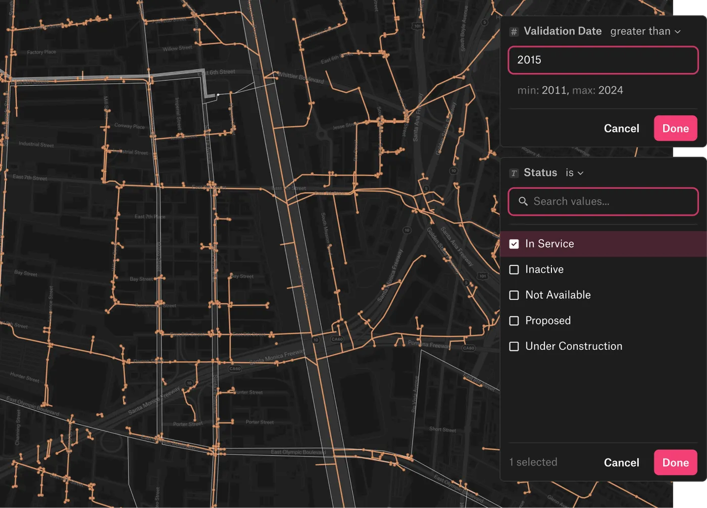 A screenshot of a utility network map with filters open for validation date after 2015 and status In Service