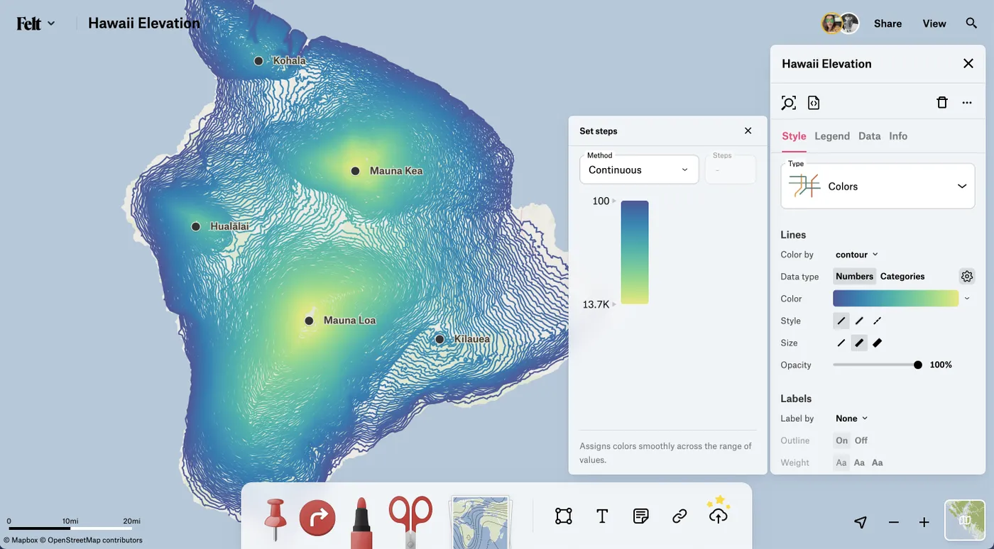 A Felt map of Hawaii elevation contours colored blue to yellow, with the continuous color steps panel open