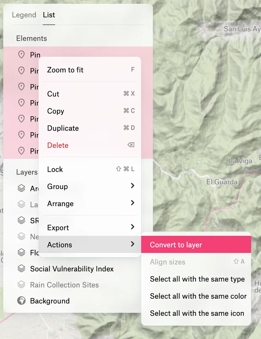 The Felt layer list with several pins selected and the Actions menu open on Convert to layer