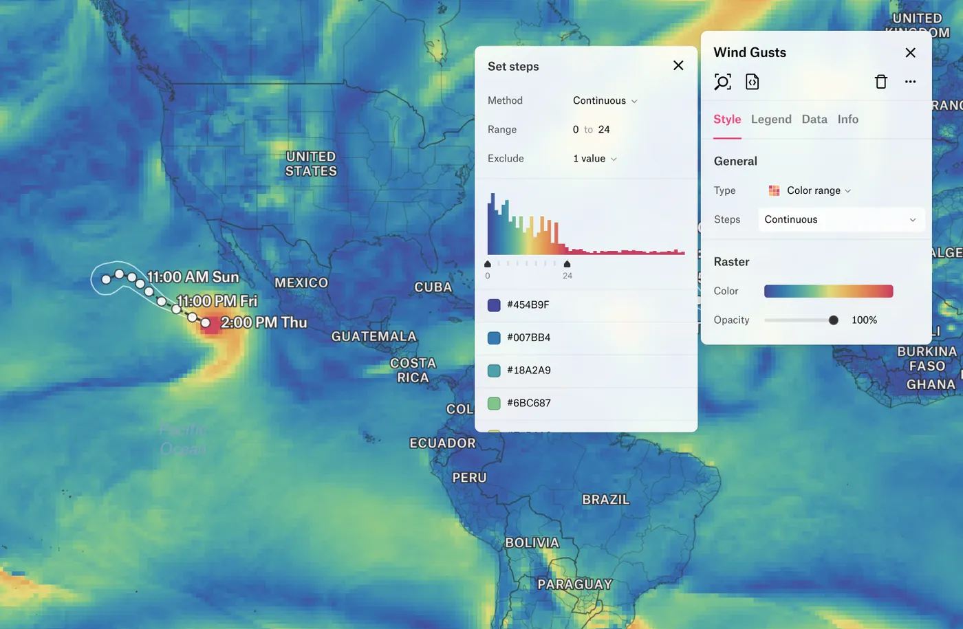A Felt map of wind gust raster data over the Americas with a storm track, beside the color range styling panel