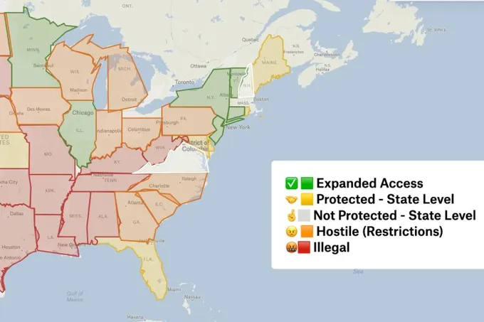 A Felt map of eastern US states colored by abortion access, from expanded access in green to illegal in red