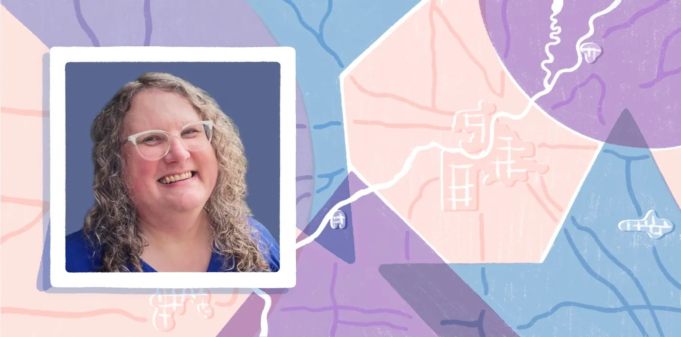 A portrait of Erica Fischer set against an illustrated map of roads, rivers and colored shapes