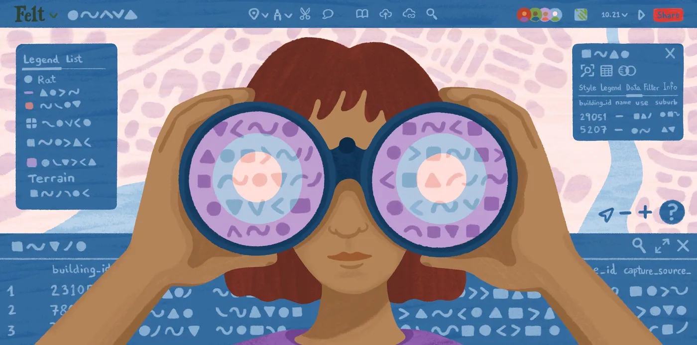 An illustration of a woman looking through binoculars in front of the Felt interface, with a legend and data table