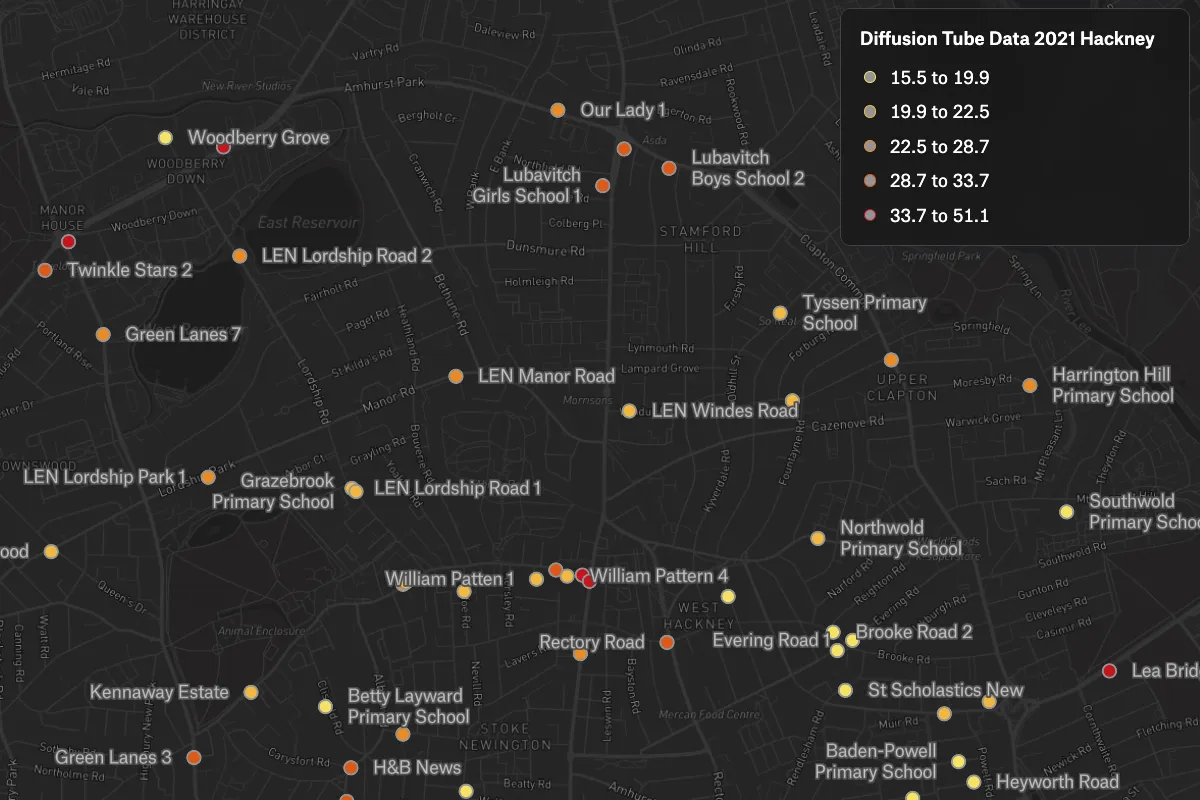 A Felt map of air pollution diffusion tube readings in Hackney, London, as colored dots on a dark basemap