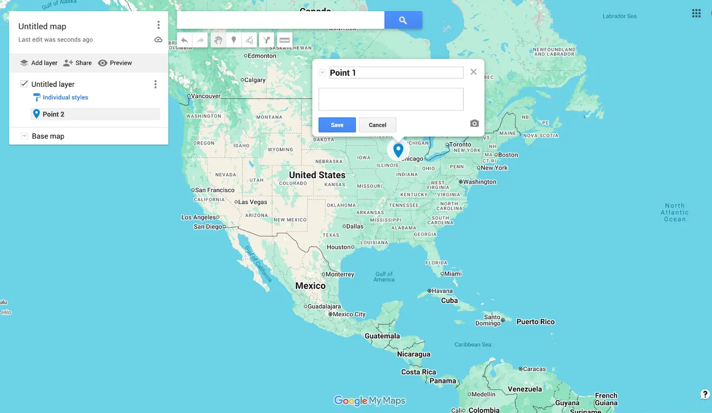 A screenshot of the Google Maps “Add marker” function, with options to name the feature and create a description.