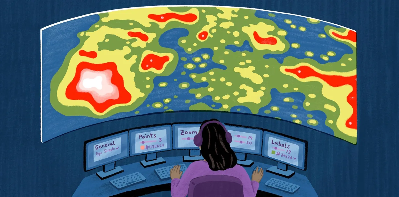 An illustration of a person at a bank of monitors with styling controls, facing a large heat map on a curved screen