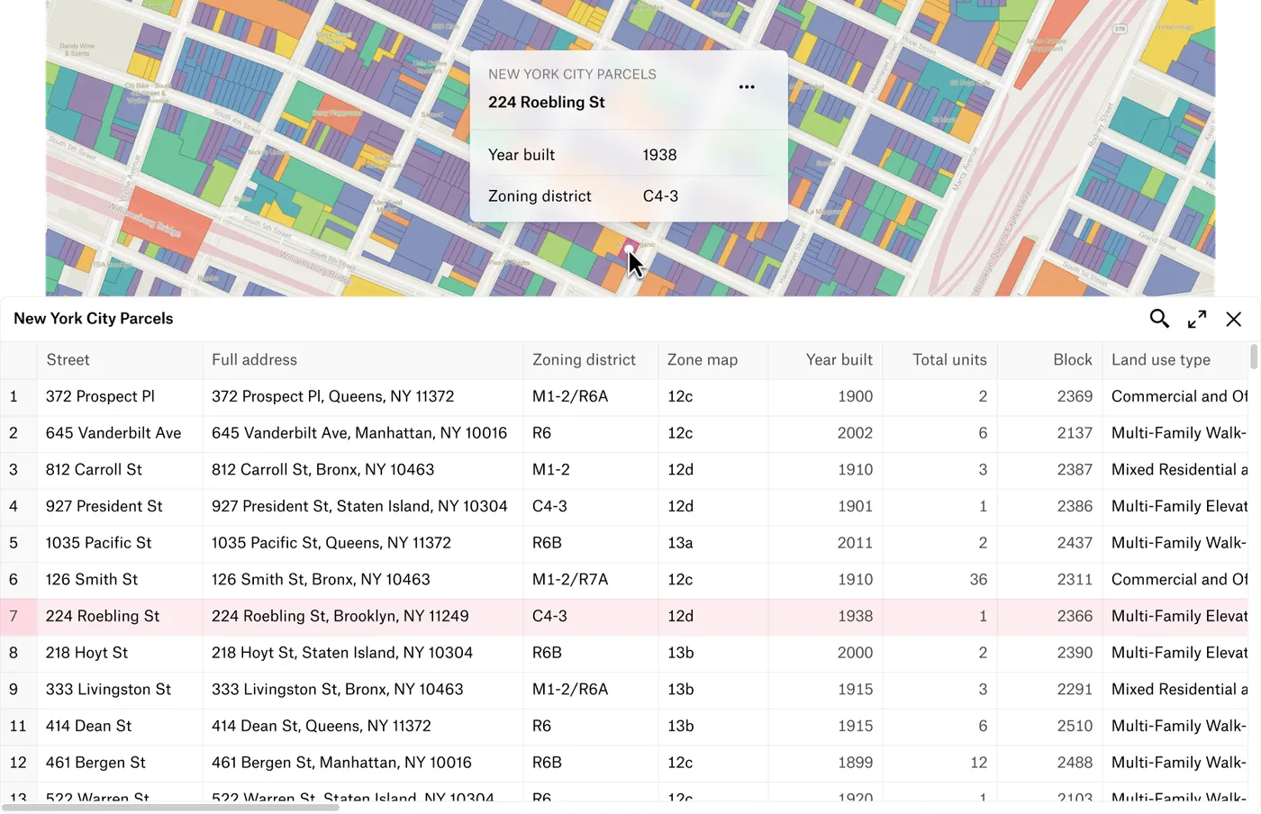 A screenshot of a New York City parcels map with a feature popup and the matching row highlighted in the data table