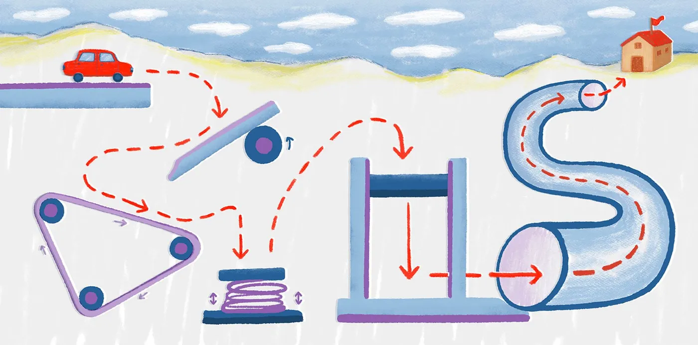 An illustration of a red car following a dashed route through belts, springs and a tube to a house, suggesting a data pipeline