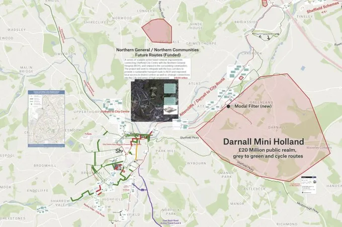 A Felt map of Sheffield's active travel plans, with cycle routes and the Darnall Mini Holland area outlined