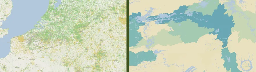 Two Felt library layers side by side: bike lanes across northwest Europe and riverine flood risk shaded in blue
