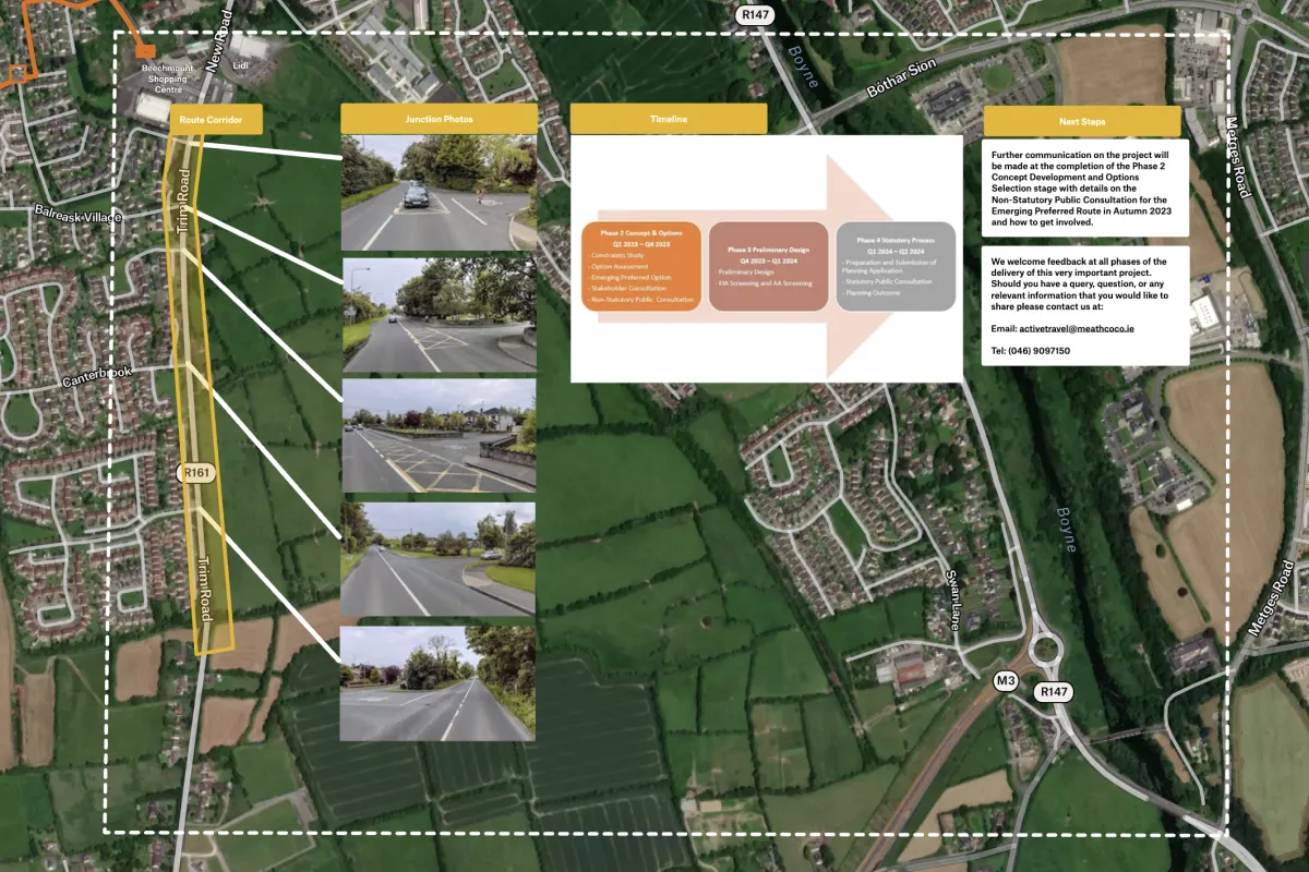 A satellite map of a route corridor along Trim Road in Navan, with junction photos, a project timeline and next steps