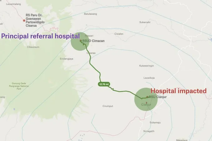 A Felt map of West Java showing a 12.76 mile route from the impacted Cianjur hospital to the principal referral hospital