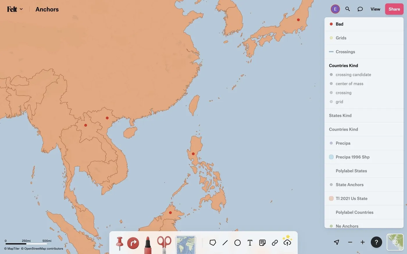 A Felt map of East and Southeast Asia with red dots marking fallback label points